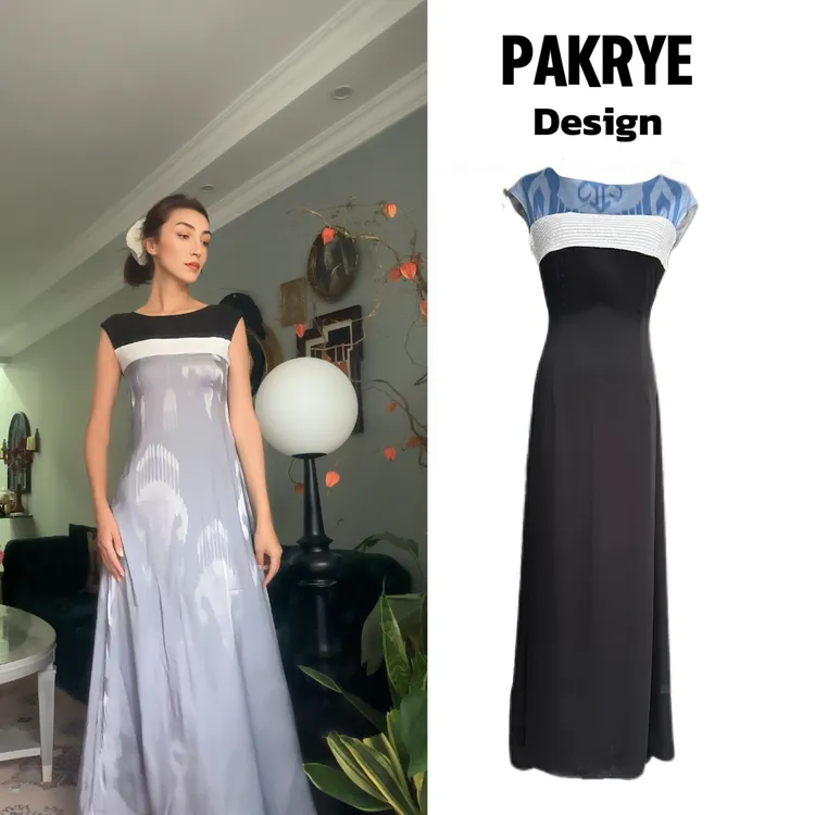 【PAKRYE】艾德莱斯花纹法式黑白撞色拼接无袖设计感长裙连衣裙