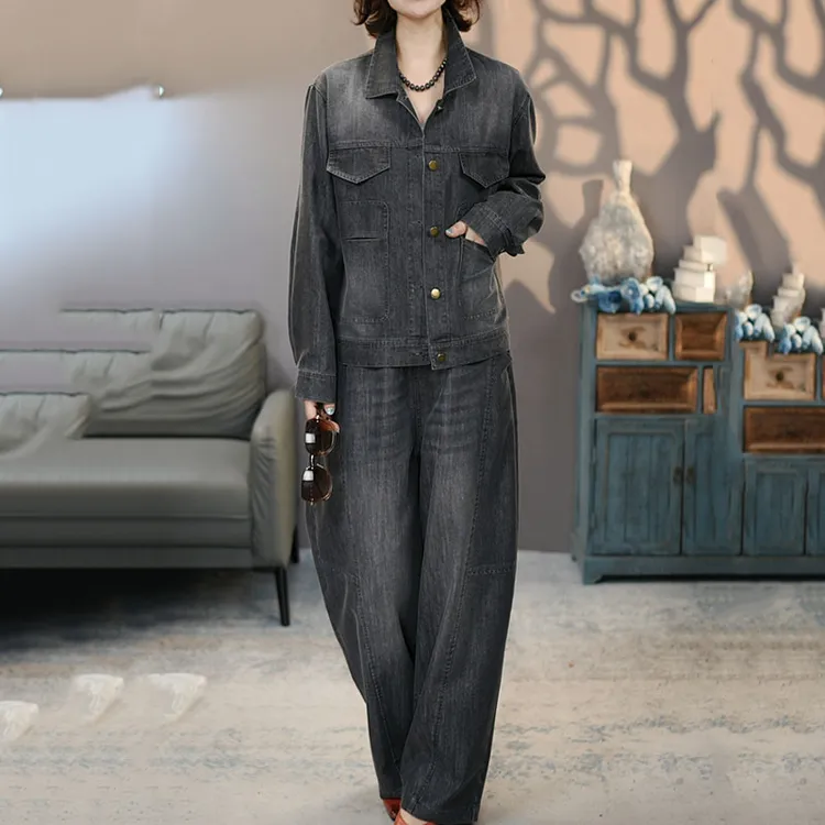 8909黑套装2025新款长袖外套长裤子百搭上衣牛仔裤