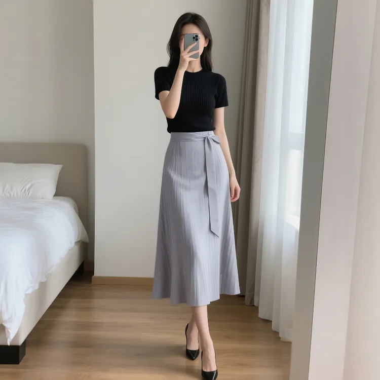 夏季新款女装时尚穿搭气质短袖针织两件套半身裙简约通勤显瘦洋气