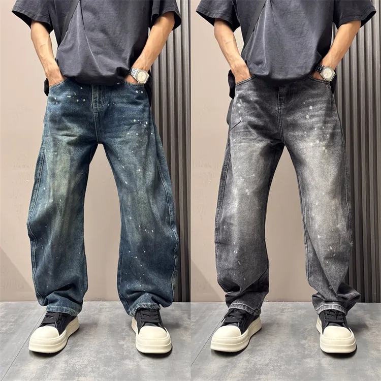 美式高街牛仔裤泼墨宽松直筒牛仔裤潮男2025秋季痞帅阔腿拖地裤