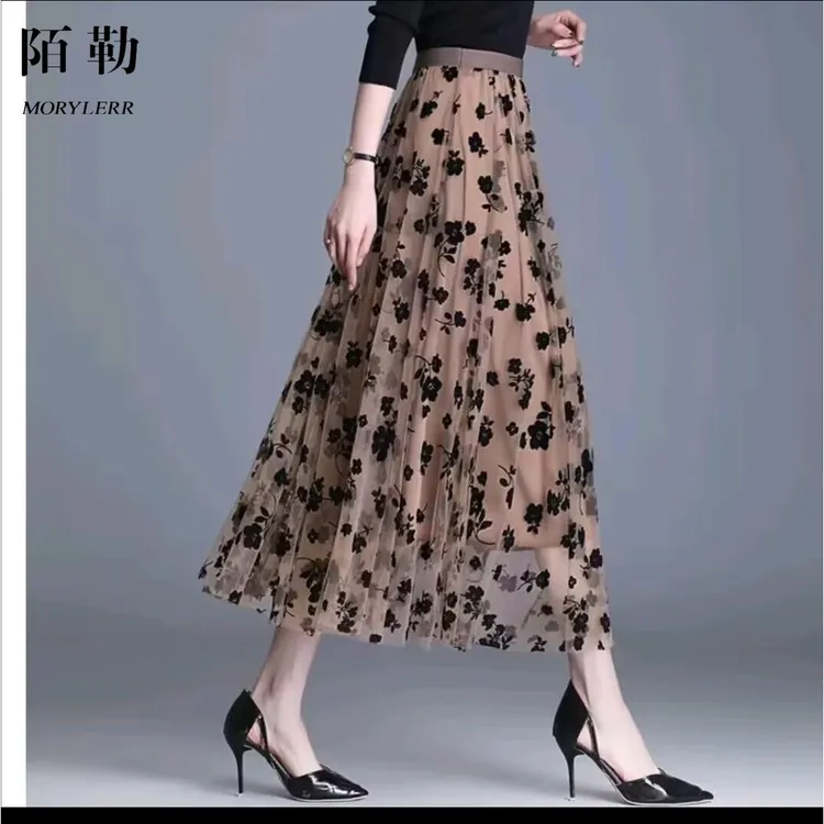 MORYLERR2023两面可穿植绒网纱半身裙女新款百褶A字裙长款高腰显