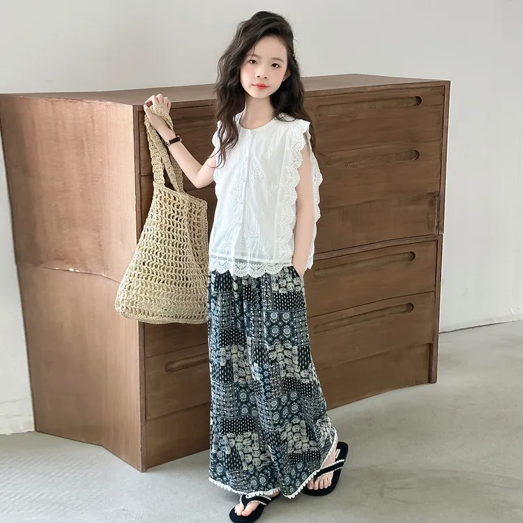 女童套装夏装6-12岁洋气中大童蕾丝娃娃衫上衣碎花防蚊裤两件套潮
