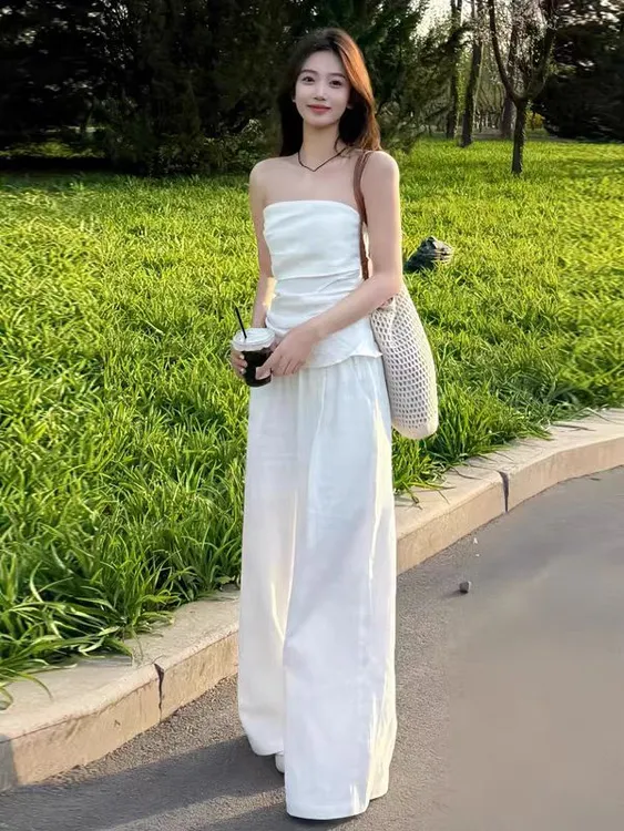 新款爆款抹胸上衣夏季修身通勤阔腿裤套装显瘦高腰宽松垂感两件套