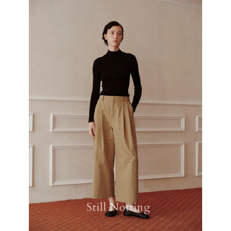 Still Notting25秋 长绒棉捏褶直筒卡其色九分裤