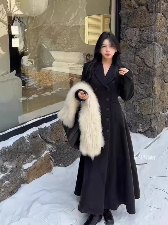 『加棉』1双排扣长款毛呢外套女2024冬季新款赫本风气质收腰大衣