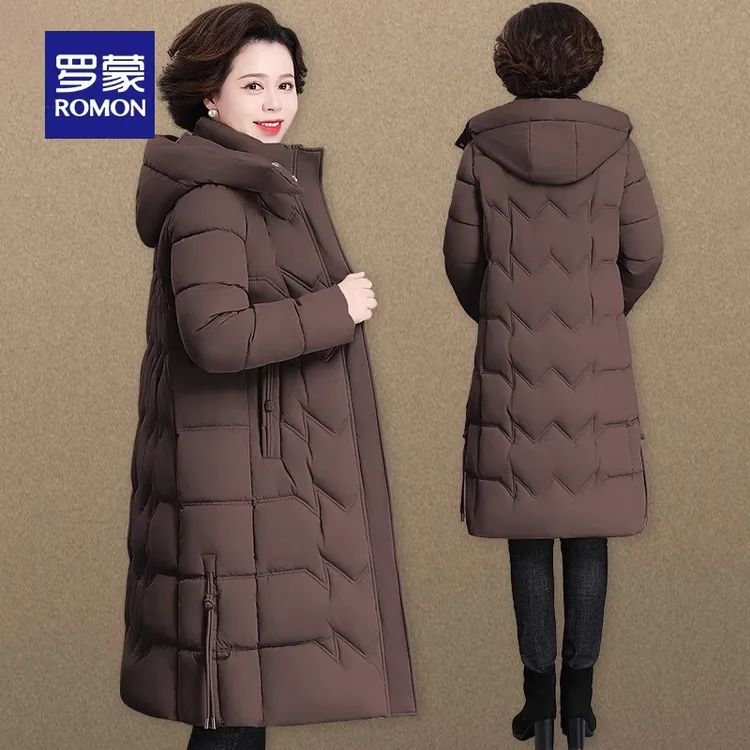 罗蒙妈妈冬装棉袄长款过膝外套加肥加大码中老年女士冬季羽绒棉服