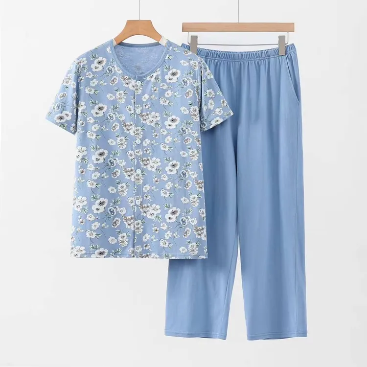 夏季短袖九分裤纯棉睡衣套装中老年妈妈舒适外出可外穿宽松居家服