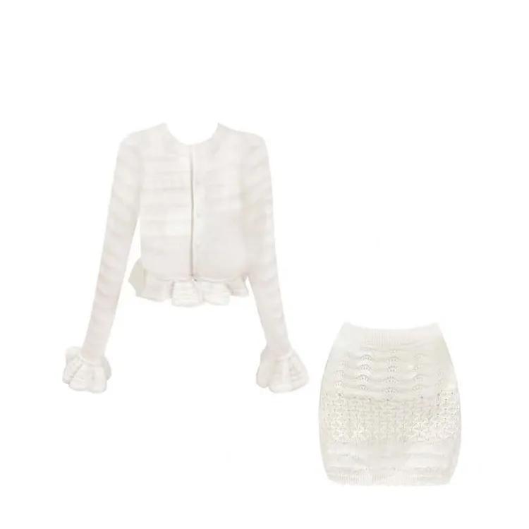 法式白色高级感镂空下摆长袖针织开衫女秋季新款高腰半身裙两件套