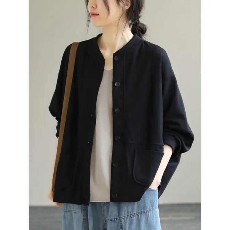 文艺大码纯色棒球服外套女士秋季2025年新款宽松休闲长袖短款开衫