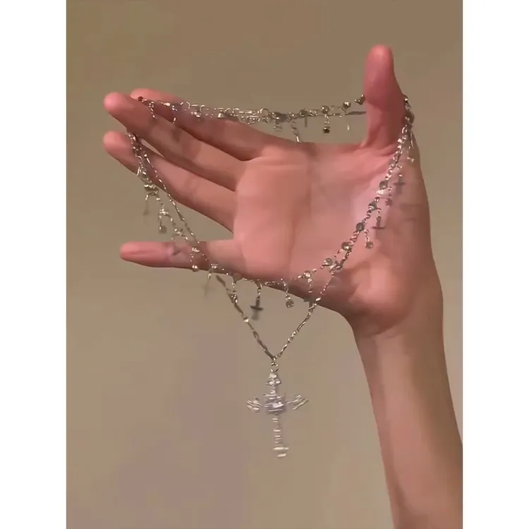 铜合金合成锆石项链 十字架叠戴项链女暗黑辣妹颈链chocker锁骨链