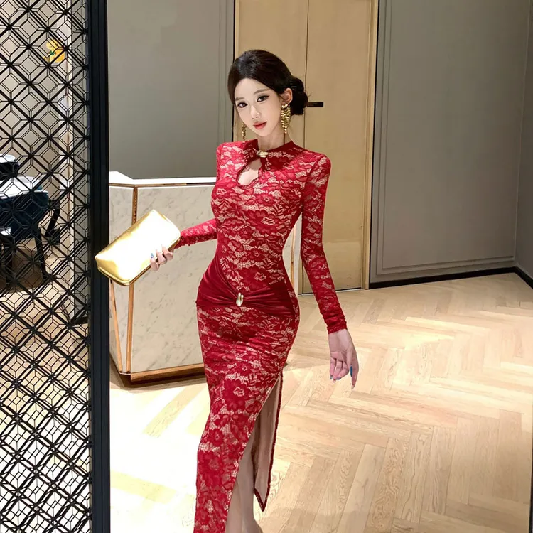 新中式国风改良旗袍裙御姐风时尚气质开叉蕾丝修身包臀连衣裙25秋