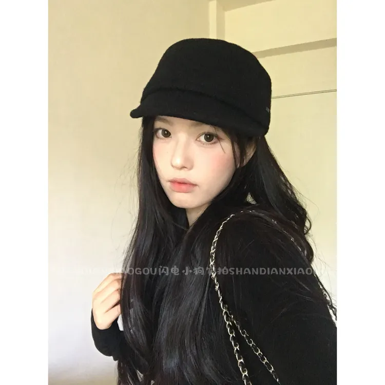 闪电小狗软顶羊毛马术帽*平顶气质毛呢百搭黑色复古时尚冬季帽子