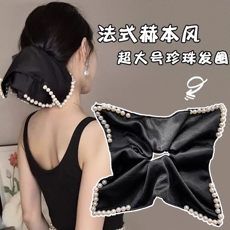 赫本风黑色方巾方形发圈头饰高级感轻奢丸子头马尾半扎发发圈发饰
