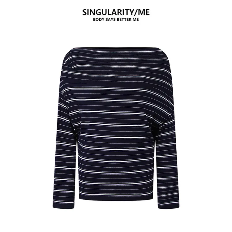 Singularity Me 9A 9019 经典条纹针织秋冬一字肩性感针织衫上衣