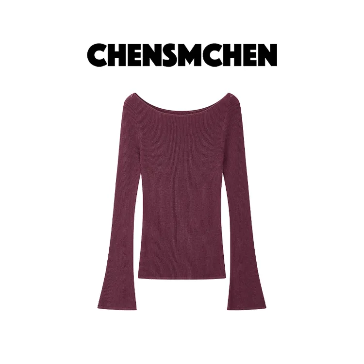 CHENSMCHEN 赤霞珠酒红色弹力羊毛衫女气质百搭打底衫CSZ7034WY