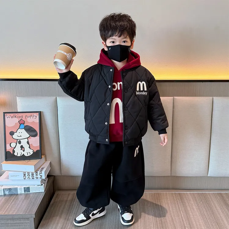 男童夹棉外套秋冬季2025新款儿童冬装加厚宝宝洋气衣服三件套男孩