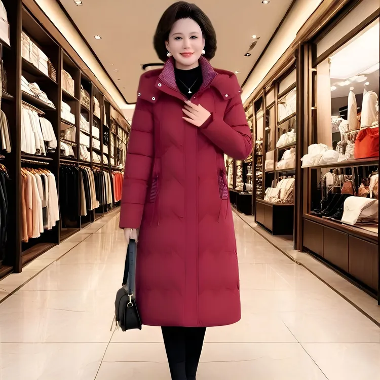 中老年棉服女长款过膝加厚大码女装修身显瘦遮肚子过冬款棉衣