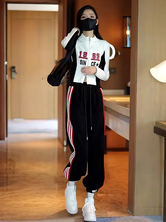 欧货时髦休闲运动套装女2025秋洋气撞色字母开衫上衣束脚裤两件套