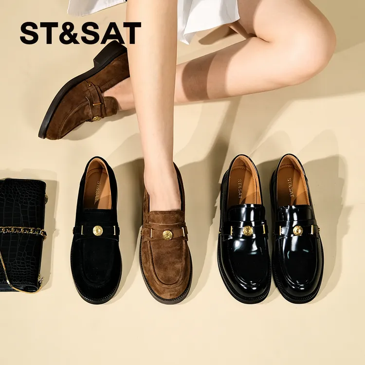 星期六女鞋圆头薄款舒适上班族乐福鞋气质女士鞋子百搭宴会小皮鞋