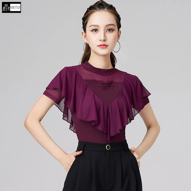 2025拉丁舞上衣女春季新款成人女跳舞蹈练功长短袖广场舞演出服装
