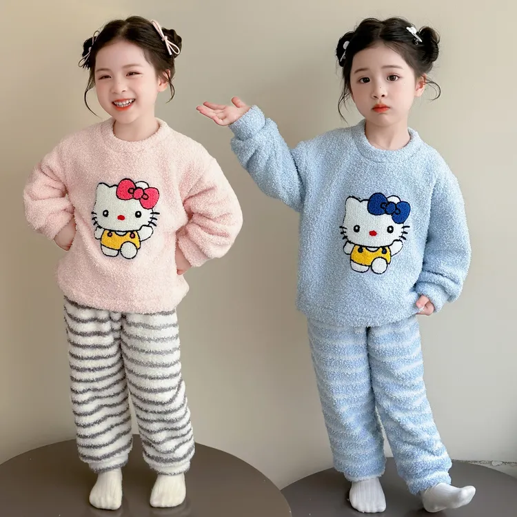 女童珊瑚绒睡衣冬季2025新款加绒加厚女宝宝法兰绒儿童卡通家居服