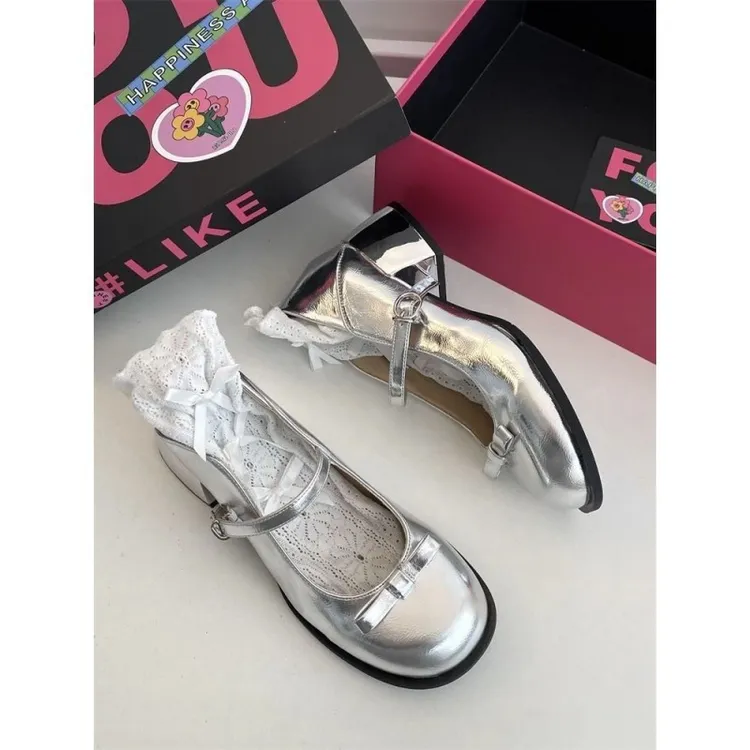 韩版蝴蝶结银色单鞋夏季小皮鞋气质高级感法式玛丽珍鞋