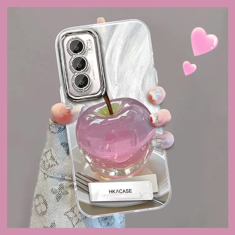适用opporeno12精孔羽纱晶莹粉苹果网红个性创意支架全包手机壳女