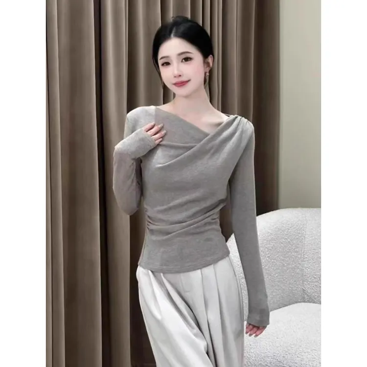 不规则设计感荡领长袖T恤女2025早秋新款气质修身显瘦打底衫上衣