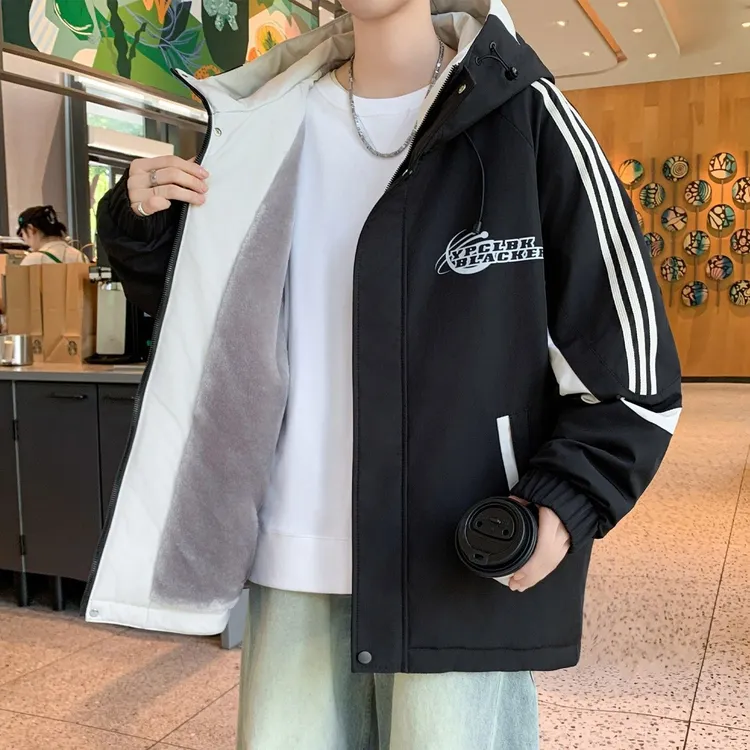 撞色拼接外套男秋冬款连帽宽松休闲夹克男青少年加绒加厚保暖上衣