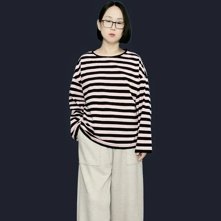 秋装新款三色棉纤维清爽百搭条纹休闲T恤衫
