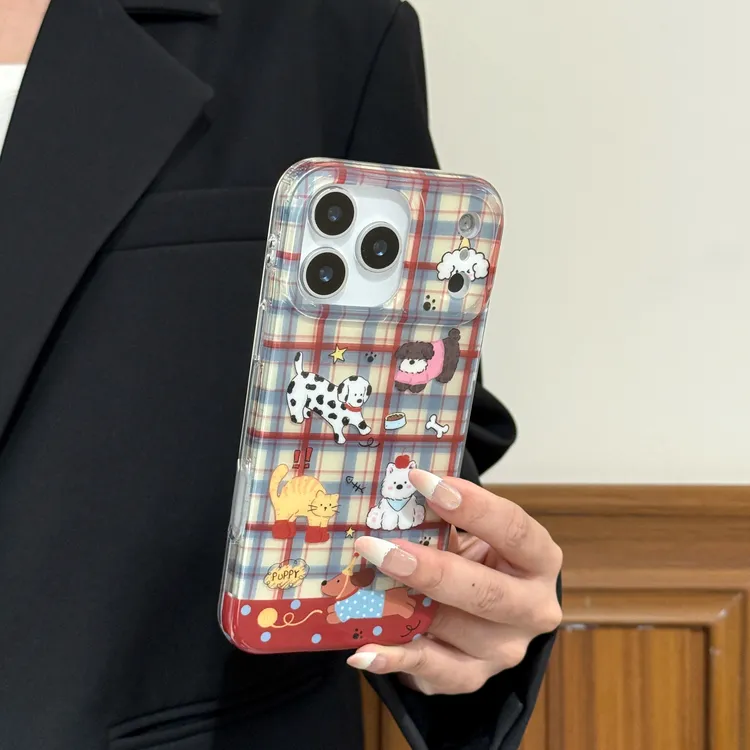 【AI按键】红蓝格纹小狗适用苹果17promax/15/14手机壳iphone16卡通
