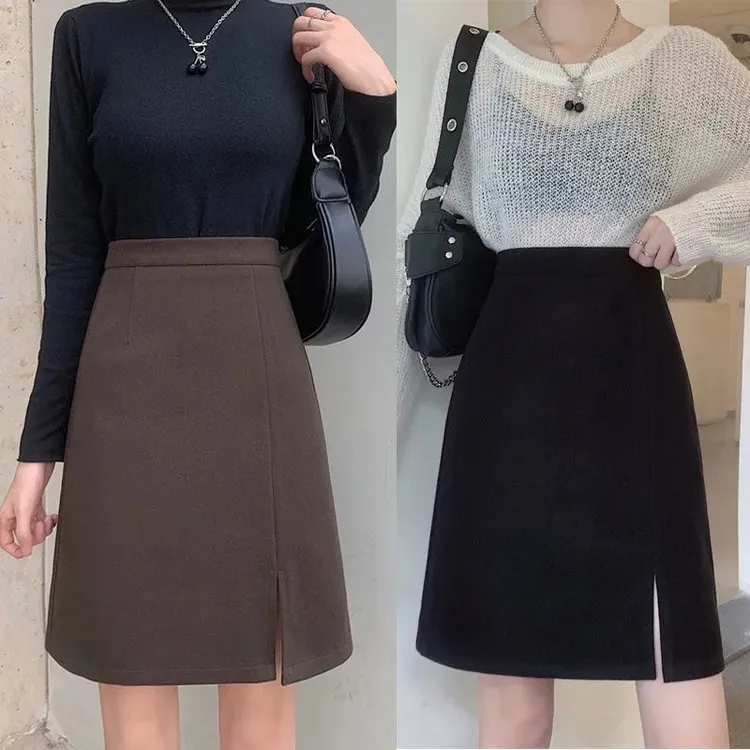 大码开叉毛呢半身裙胖mm秋冬加厚高腰黑色包臀裙百搭显瘦a字中裙