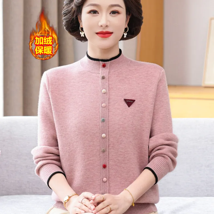 2025新款半高领针织衫妈妈装秋装加绒毛衣中老年女装秋冬洋气上衣