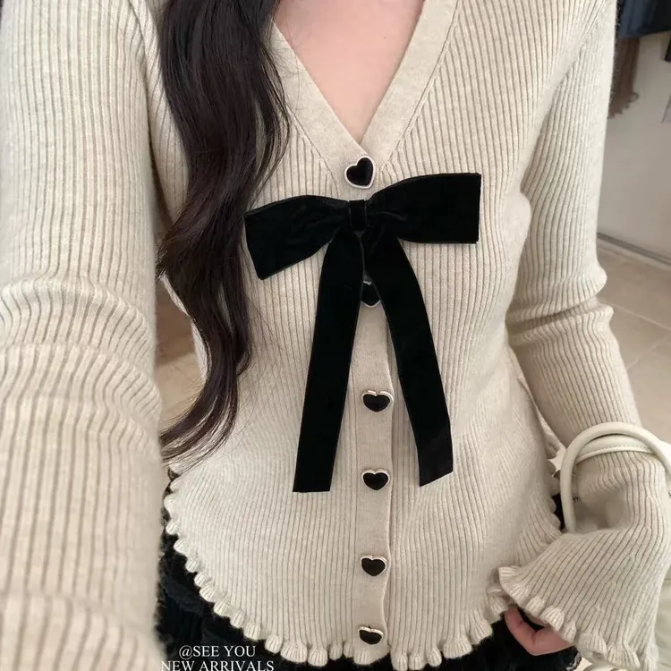 甜美风毛衣女内搭蝴蝶结木耳边针织外套女毛衣长袖针织上衣G6-46