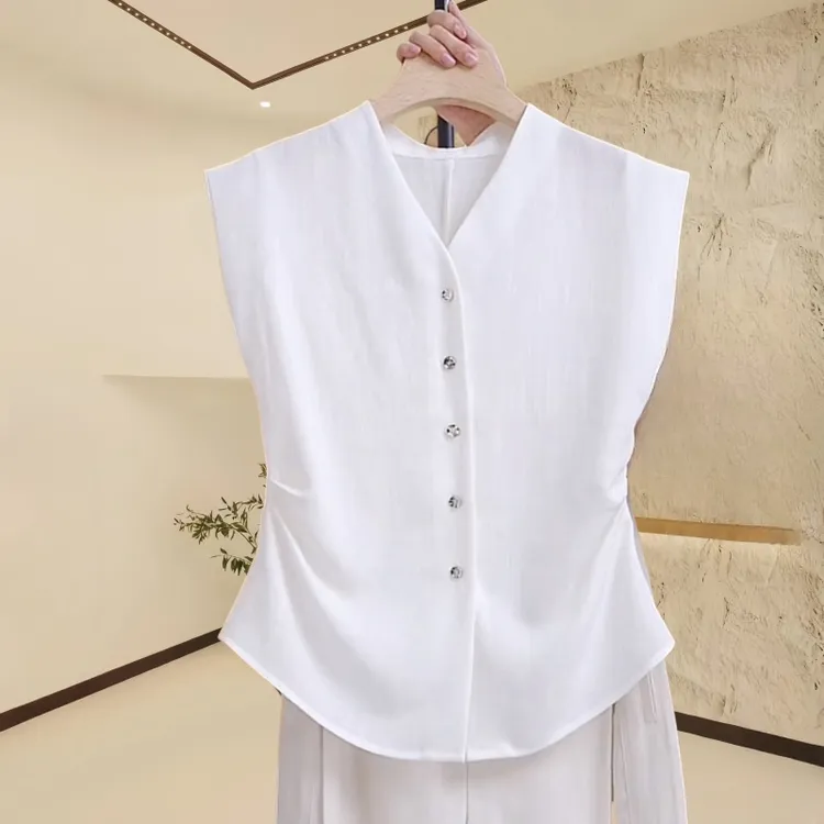 法式轻奢感无袖衬衫女夏季新款褶皱收腰遮肉纯色坎肩背心v领上衣