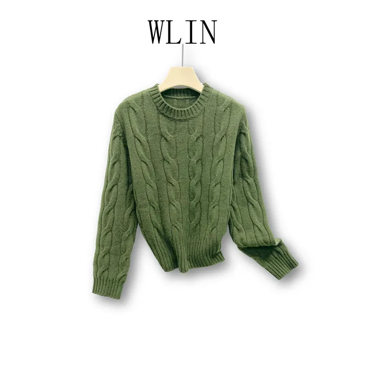 WLIN 百分百绵羊毛圆领简约绞花女士针织衫WL88250