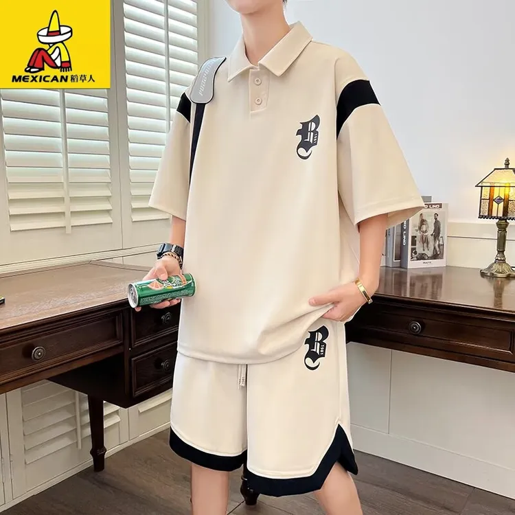 稻草人青少年短袖短裤套装男夏季翻领t恤宽欧若风痞帅英伦风男装