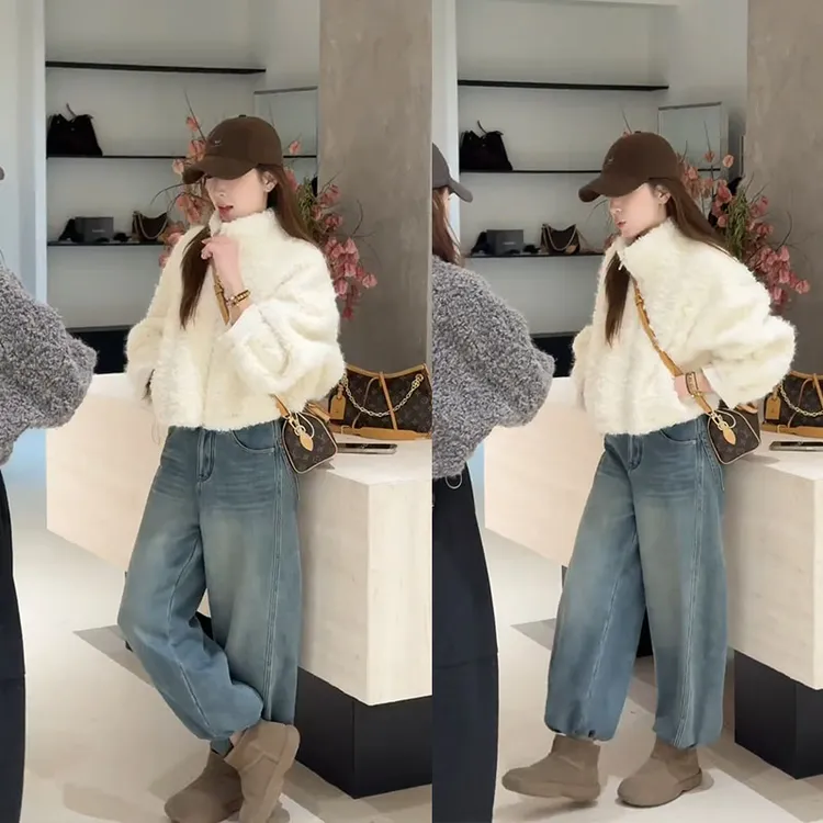 秋冬季法式慵懒风短款保暖高领舒适保暖休闲百搭长袖圆领纯色外套