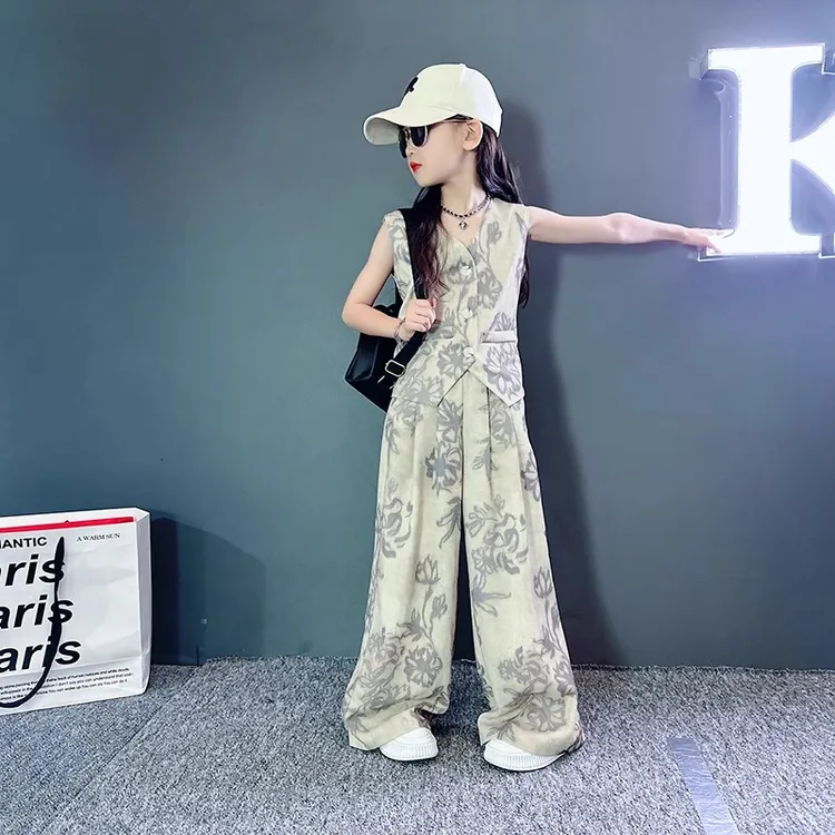 女童夏季复古国风印花阔腿裤套装2025新款儿童气质无袖马甲两件套