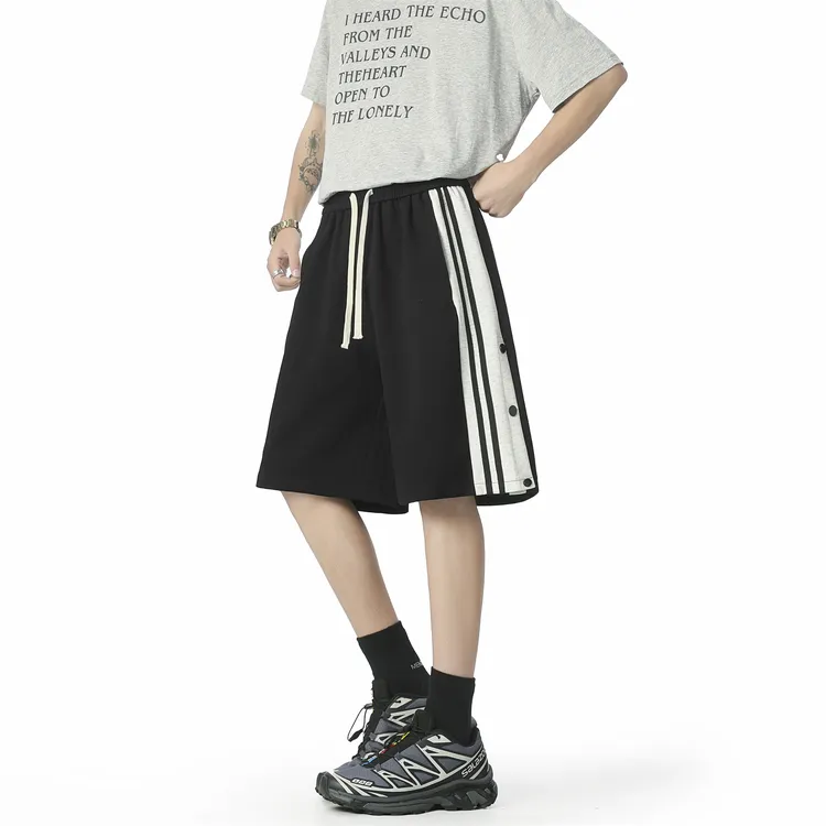 夏季韩版潮流排扣运动休闲裤男拼接条纹短裤男士170胖子男生裤子