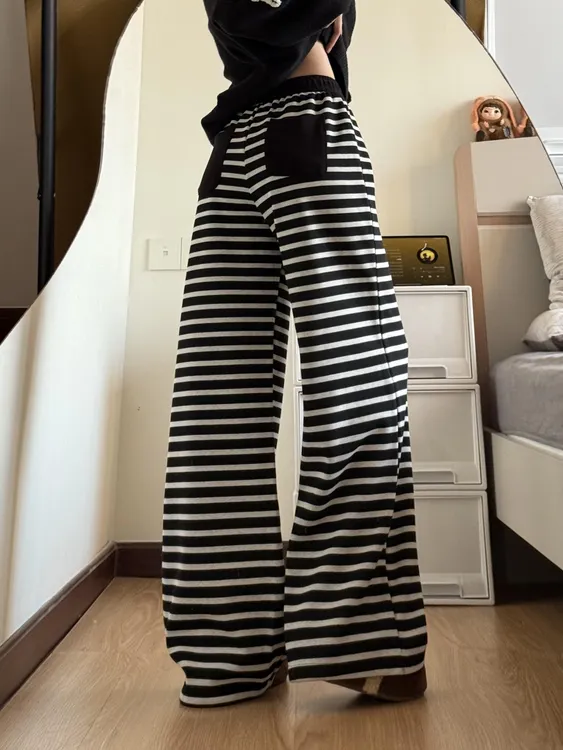【现货+运费险】高个子加长咖色加绒条纹休闲裤女超长版宽松拖地裤