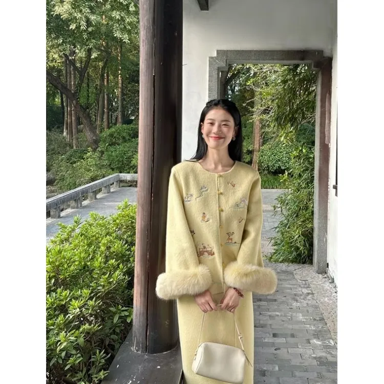 秋冬新中式国风刺绣设计感毛呢外套高腰显瘦包臀半身裙两件套装女