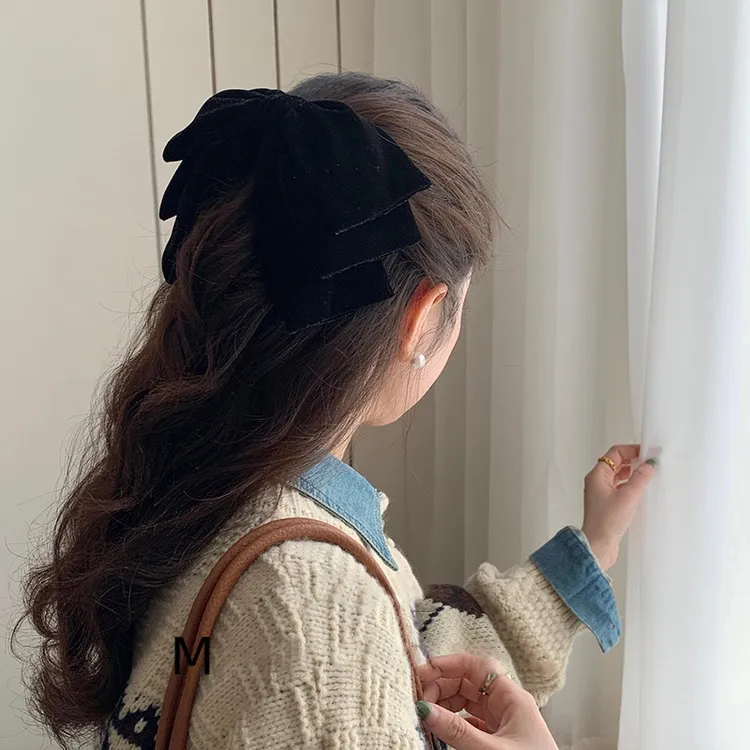韩国气质丝绒大蝴蝶结弹簧夹法式精致黑色顶夹网红公主发夹女