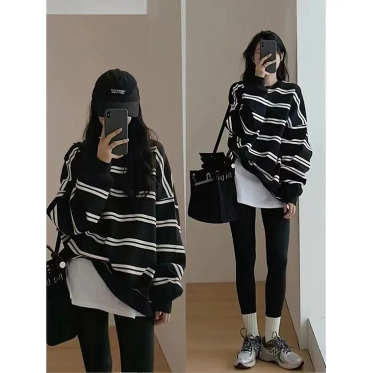 美式复古条纹卫衣女2025新款春秋宽松韩版慵懒风套头长袖t恤上衣