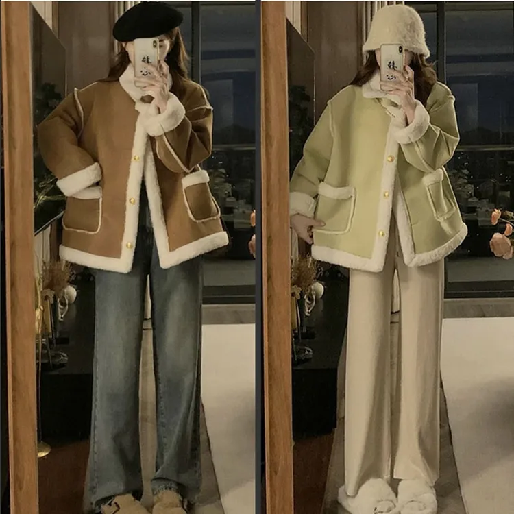 大码胖mm秋冬高级感加厚鹿皮绒外套女气质小香风加绒保暖夹克2232