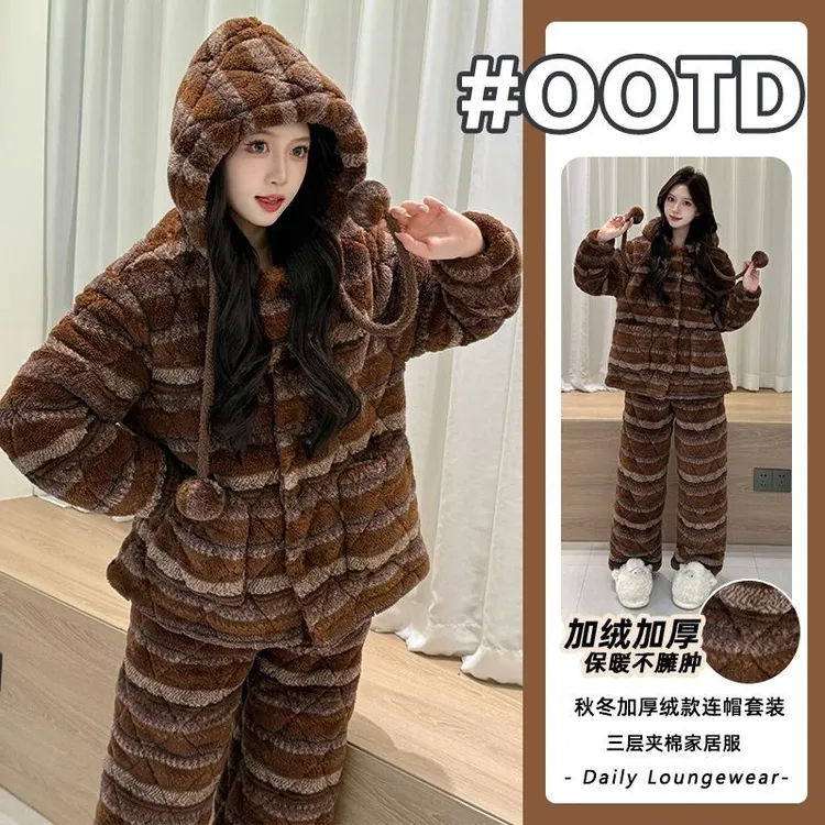 三层夹棉2025冬季长毛绒睡衣女棕色条纹珊瑚绒加绒加厚保暖家居服