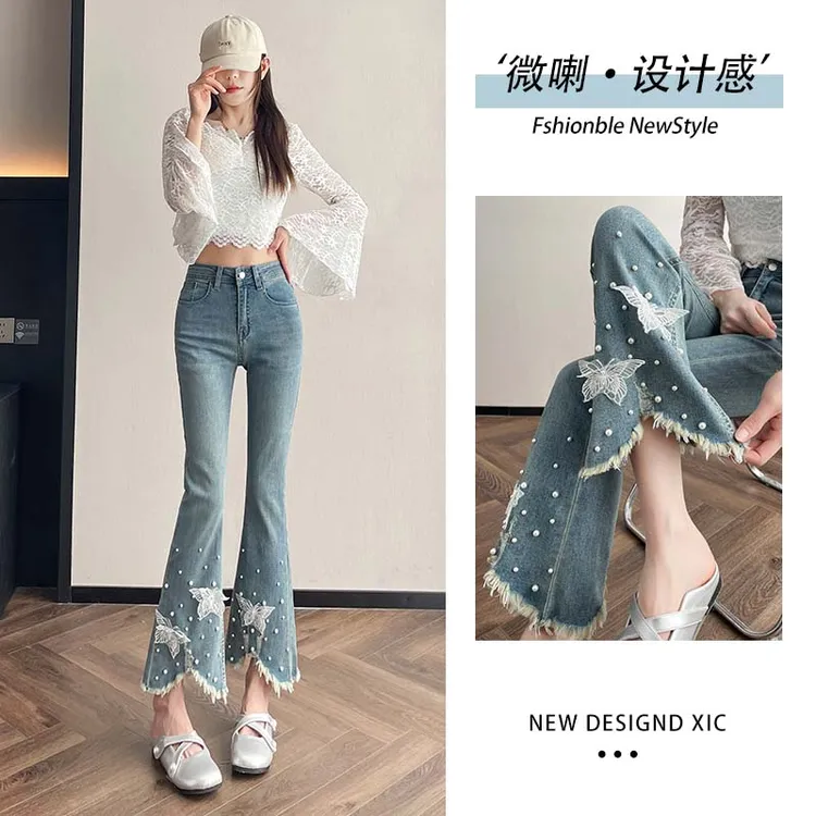 蕾丝微喇牛仔裤子夏季显瘦高腰时尚小个子开叉修身九分韩版设计感