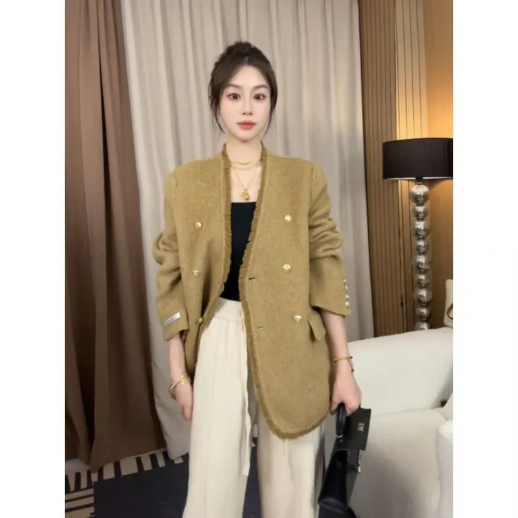 中长款双面羊毛绒大衣女2025秋冬季新款极简风毛呢外套8058小香风
