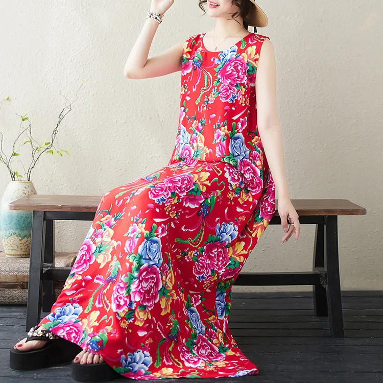 夏圆领薄绵绸花宽松东北花大裙摆沙滩无袖背心连衣裙子流行加长裙