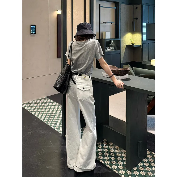 王家有鱼宽松白色直筒阔腿裤2025年夏季新款百搭显瘦休闲牛仔裤女